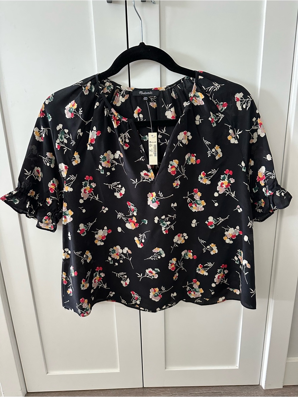 NWT Madewell Silk Black Floral Ruffle-Sleeve Blouse
